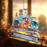 Potion Bottles Acrylic Suncatcher, Stained Glass Style Alchemy Book Window Hanging, Fantasy Wizard Lab Magical Decor Gift for Readers